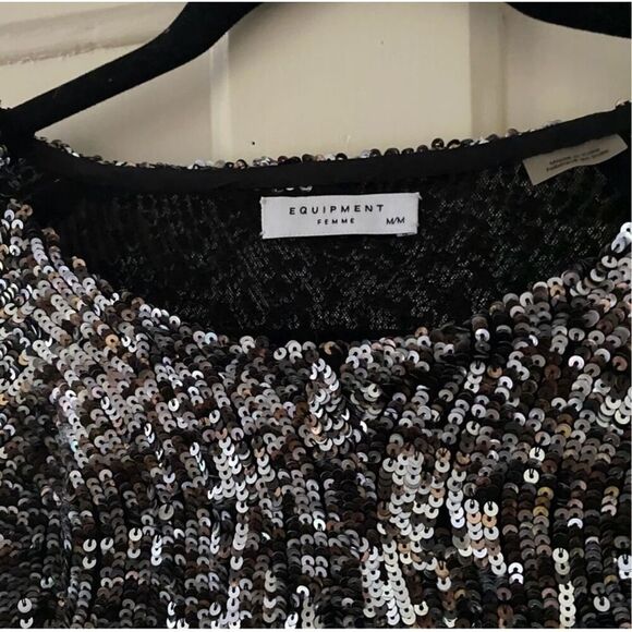 Equipment Abeline Sequin Long Sleeve Top silver black size medium - Picture 3 of 5